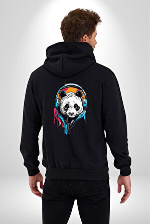 Kulaklık Ayı Panda Kadın Erkek Siyah Renk Kapüşonlu Kanguru Cepli  Fermuarlı Pamuklu Oversize Dijital Baskılı Hırka Sweatshirt