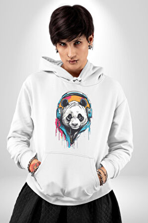 Kulaklık Ayı Panda Kadın Erkek  Beyaz Kapüşonlu Sweatshirt Hoodie