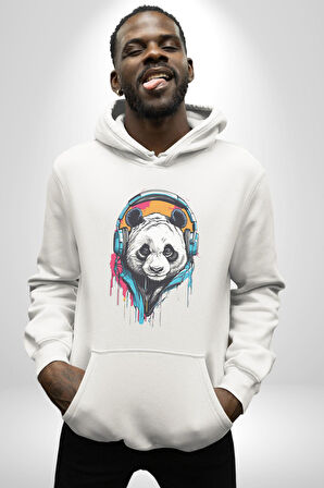 Kulaklık Ayı Panda Kadın Erkek  Beyaz Kapüşonlu Sweatshirt Hoodie