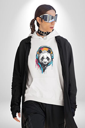 Kulaklık Ayı Panda Kadın Erkek  Beyaz Kapüşonlu Sweatshirt Hoodie