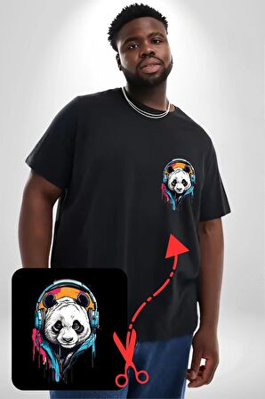 Kulaklık Ayı Panda Siyah Büyük Beden Kadın Basic Minimal Baskılı Tişört