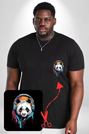 Kulaklık Ayı Panda Siyah Büyük Beden Kadın Basic Minimal Baskılı Tişört