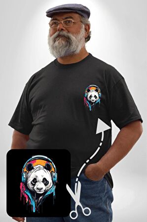 Kulaklık Ayı Panda Siyah Büyük Beden Kadın Basic Minimal Baskılı Tişört