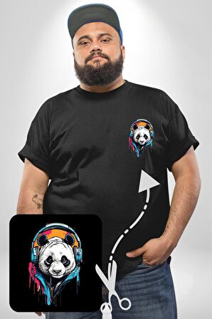 Kulaklık Ayı Panda Siyah Büyük Beden Kadın Basic Minimal Baskılı Tişört