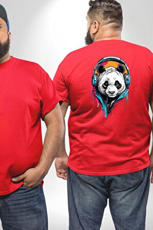 Kulaklık Ayı Panda Büyük Beden Kırmızı Tişört Kadın Erkek Ünisex Sırt Baskılı