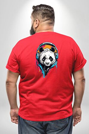 Kulaklık Ayı Panda Büyük Beden Kırmızı Tişört Kadın Erkek Ünisex Sırt Baskılı