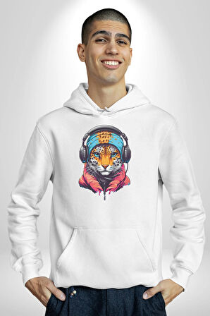 Kulaklık Kedi Leopar Bandana Kadın Erkek  Beyaz Kapüşonlu Sweatshirt Hoodie