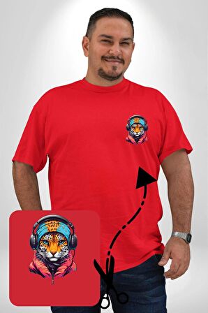 Kulaklık Kedi Leopar Bandana Kırmızı Büyük Beden Kadın Basic Minimal Baskılı Tişört
