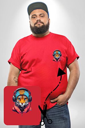 Kulaklık Kedi Leopar Bandana Kırmızı Büyük Beden Kadın Basic Minimal Baskılı Tişört