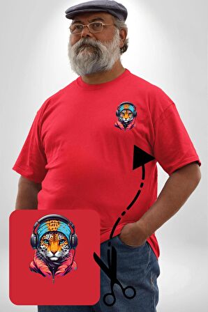 Kulaklık Kedi Leopar Bandana Kırmızı Büyük Beden Kadın Basic Minimal Baskılı Tişört