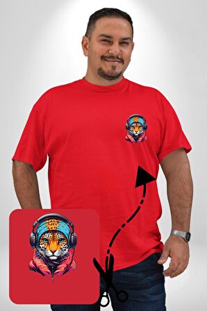 Kulaklık Kedi Leopar Bandana Kırmızı Büyük Beden Kadın Basic Minimal Baskılı Tişört