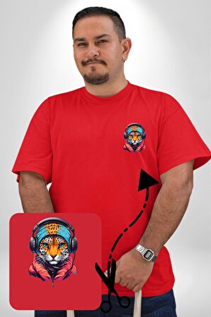 Kulaklık Kedi Leopar Bandana Kırmızı Büyük Beden Kadın Basic Minimal Baskılı Tişört