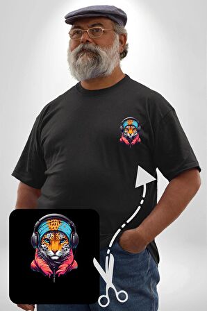 Kulaklık Kedi Leopar Bandana Siyah Büyük Beden Kadın Basic Minimal Baskılı Tişört