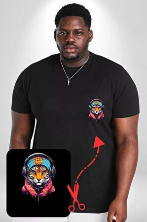 Kulaklık Kedi Leopar Bandana Siyah Büyük Beden Kadın Basic Minimal Baskılı Tişört