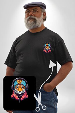Kulaklık Kedi Leopar Bandana Siyah Büyük Beden Kadın Basic Minimal Baskılı Tişört