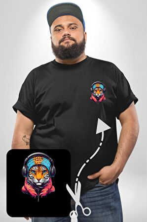 Kulaklık Kedi Leopar Bandana Siyah Büyük Beden Kadın Basic Minimal Baskılı Tişört