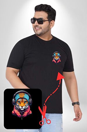 Kulaklık Kedi Leopar Bandana Siyah Büyük Beden Kadın Basic Minimal Baskılı Tişört