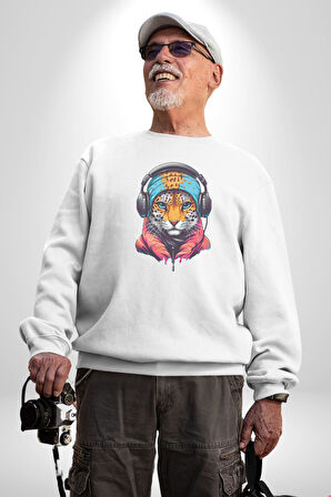 Kulaklık Kedi Leopar Bandana Kadın Erkek  Beyaz Baskılı Sweatshirt 