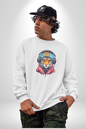 Kulaklık Kedi Leopar Bandana Kadın Erkek  Beyaz Baskılı Sweatshirt 