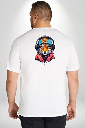 Kulaklık Kedi Leopar Bandana Büyük Beden Beyaz Tişört Kadın Erkek Ünisex Sırt Baskılı