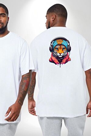Kulaklık Kedi Leopar Bandana Büyük Beden Beyaz Tişört Kadın Erkek Ünisex Sırt Baskılı
