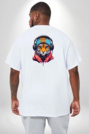 Kulaklık Kedi Leopar Bandana Büyük Beden Beyaz Tişört Kadın Erkek Ünisex Sırt Baskılı