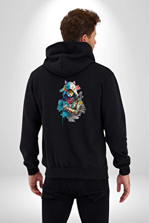 Kedi Assassin's Creed  Kadın Erkek Siyah Renk Kapüşonlu Kanguru Cepli  Fermuarlı Pamuklu Oversize Dijital Baskılı Hırka Sweatshirt