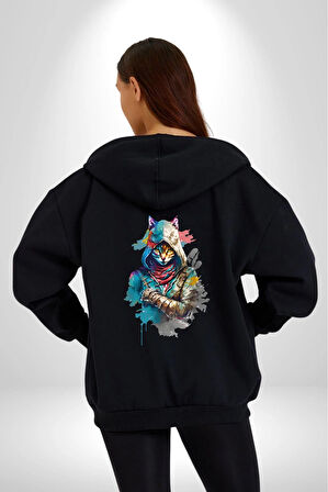 Kedi Assassin's Creed  Kadın Erkek Siyah Renk Kapüşonlu Kanguru Cepli  Fermuarlı Pamuklu Oversize Dijital Baskılı Hırka Sweatshirt