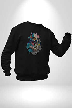 Kedi Assassin's Creed  Kadın Erkek  Siyah Baskılı Sweatshirt 