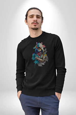 Kedi Assassin's Creed  Kadın Erkek  Siyah Baskılı Sweatshirt 