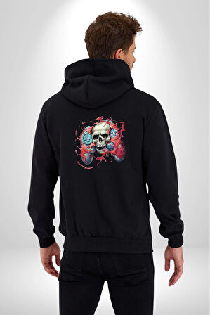 Oyun Kumandası İnsanı Ele Geçirişi Kadın Erkek Siyah Renk Kapüşonlu Kanguru Cepli  Fermuarlı Pamuklu Oversize Dijital Baskılı Hırka Sweatshirt