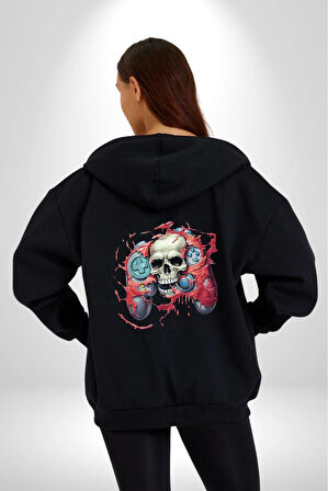 Oyun Kumandası İnsanı Ele Geçirişi Kadın Erkek Siyah Renk Kapüşonlu Kanguru Cepli  Fermuarlı Pamuklu Oversize Dijital Baskılı Hırka Sweatshirt