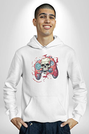 Oyun Kumandası İnsanı Ele Geçirişi Kadın Erkek  Beyaz Kapüşonlu Sweatshirt Hoodie