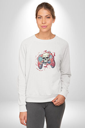 Oyun Kumandası İnsanı Ele Geçirişi Kadın Erkek  Beyaz Baskılı Sweatshirt 