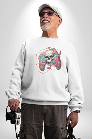 Oyun Kumandası İnsanı Ele Geçirişi Kadın Erkek  Beyaz Baskılı Sweatshirt 