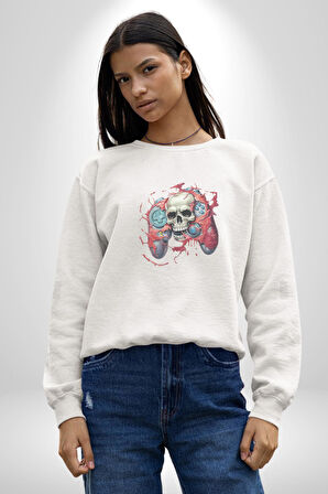 Oyun Kumandası İnsanı Ele Geçirişi Kadın Erkek  Beyaz Baskılı Sweatshirt 