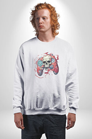 Oyun Kumandası İnsanı Ele Geçirişi Kadın Erkek  Beyaz Baskılı Sweatshirt 