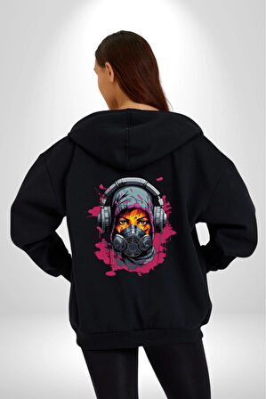 Maske Duman Corona Müzik Kulaklık  Kadın Erkek Siyah Renk Kapüşonlu Kanguru Cepli  Fermuarlı Pamuklu Oversize Dijital Baskılı Hırka Sweatshirt