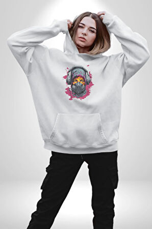 Maske Duman Corona Müzik Kulaklık  Kadın Erkek  Beyaz Kapüşonlu Sweatshirt Hoodie