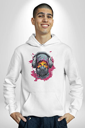 Maske Duman Corona Müzik Kulaklık  Kadın Erkek  Beyaz Kapüşonlu Sweatshirt Hoodie