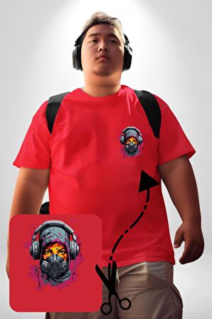 Maske Duman Corona Müzik Kulaklık  Kırmızı Büyük Beden Kadın Basic Minimal Baskılı Tişört