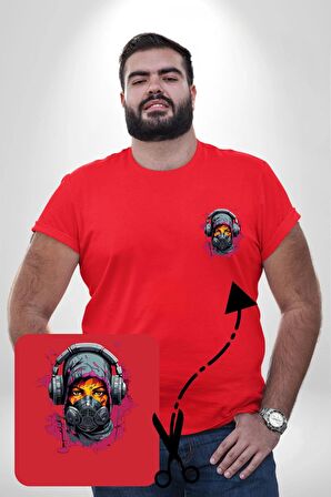 Maske Duman Corona Müzik Kulaklık  Kırmızı Büyük Beden Kadın Basic Minimal Baskılı Tişört