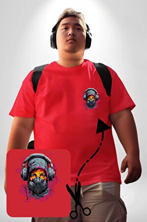 Maske Duman Corona Müzik Kulaklık  Kırmızı Büyük Beden Kadın Basic Minimal Baskılı Tişört