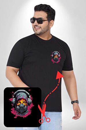 Maske Duman Corona Müzik Kulaklık  Siyah Büyük Beden Kadın Basic Minimal Baskılı Tişört