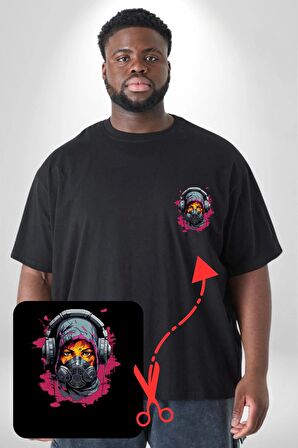 Maske Duman Corona Müzik Kulaklık  Siyah Büyük Beden Kadın Basic Minimal Baskılı Tişört