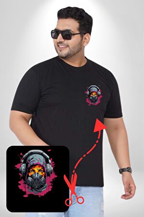 Maske Duman Corona Müzik Kulaklık  Siyah Büyük Beden Kadın Basic Minimal Baskılı Tişört