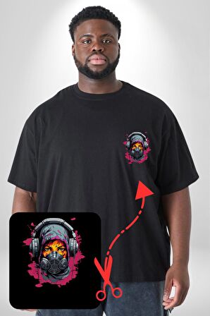 Maske Duman Corona Müzik Kulaklık  Siyah Büyük Beden Kadın Basic Minimal Baskılı Tişört