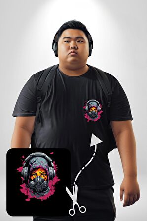 Maske Duman Corona Müzik Kulaklık  Siyah Büyük Beden Kadın Basic Minimal Baskılı Tişört