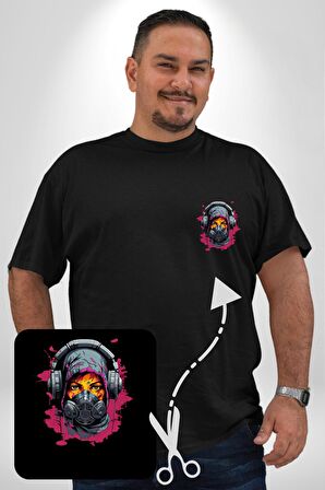 Maske Duman Corona Müzik Kulaklık  Siyah Büyük Beden Kadın Basic Minimal Baskılı Tişört