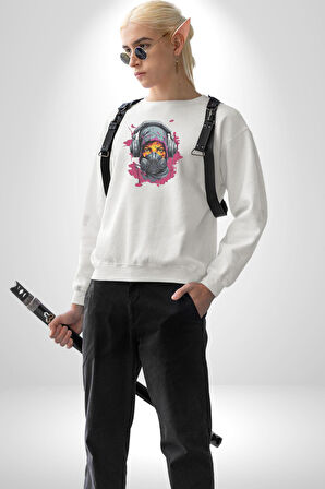 Maske Duman Corona Müzik Kulaklık  Kadın Erkek  Beyaz Baskılı Sweatshirt 